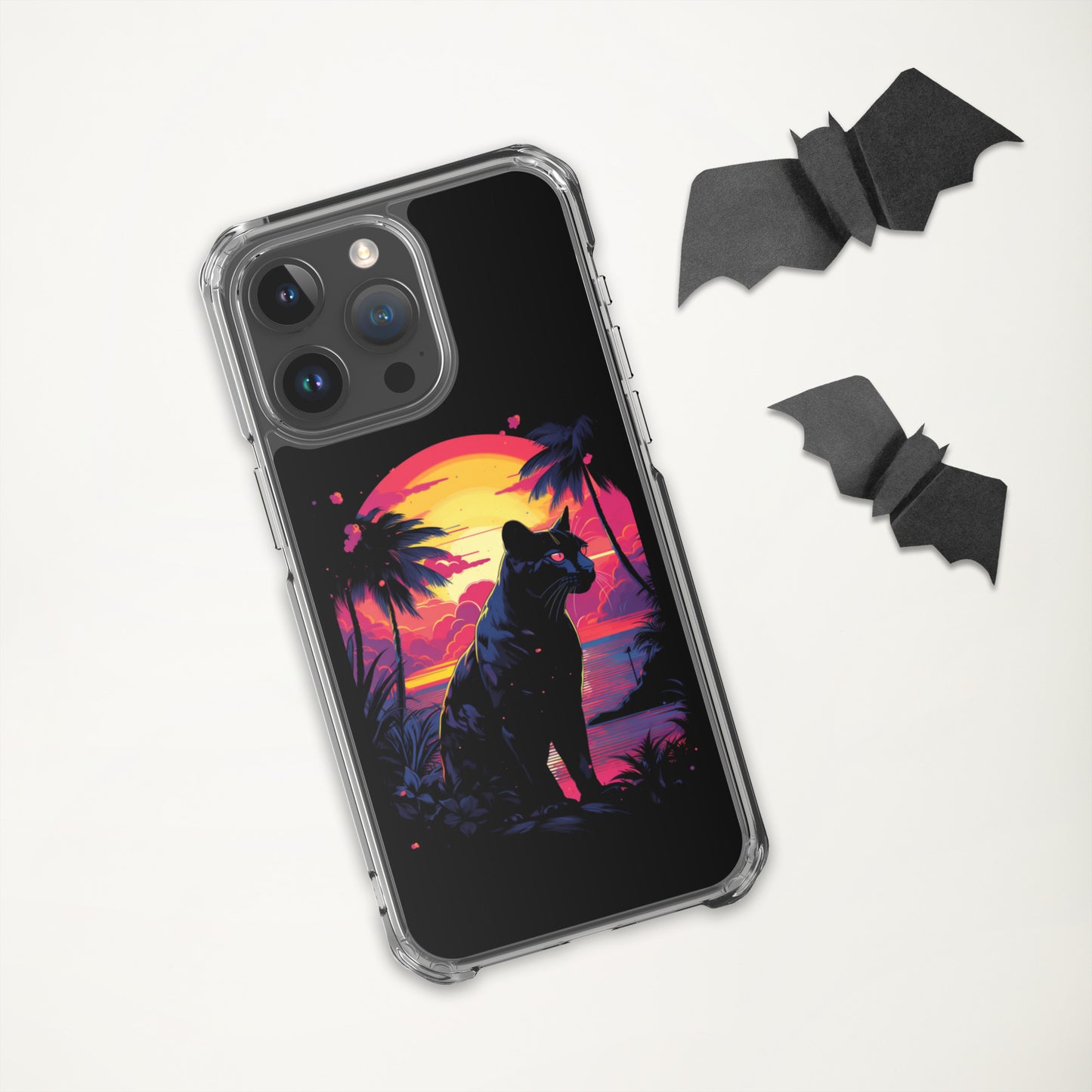 Panther Case for iPhone®, flexible, solid, black, fits various models, palm tree, sunset