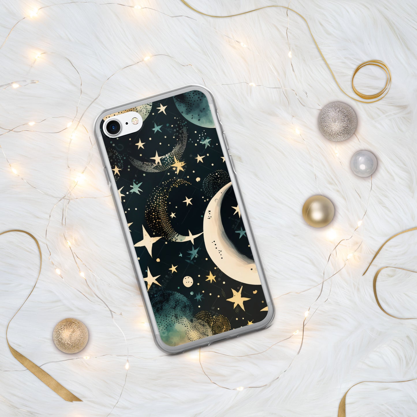 Clear Case for iPhone® night sky, stars, moon, blues, soft feel, multiple sizes