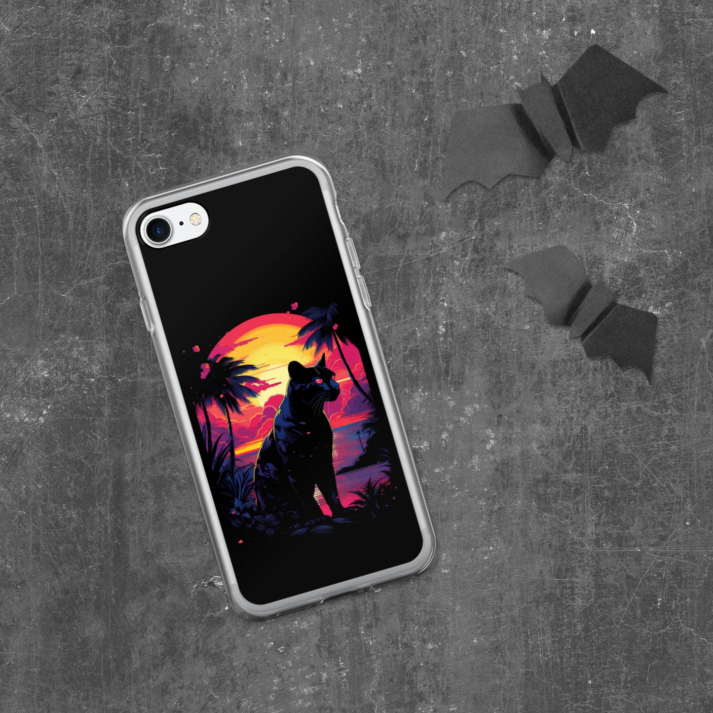 Panther Case for iPhone®, flexible, solid, black, fits various models, palm tree, sunset