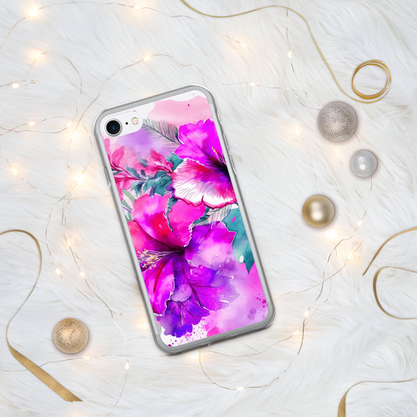 Clear Case for iPhone®, pink and purple hibisuc flower design, floral, multiple sizes