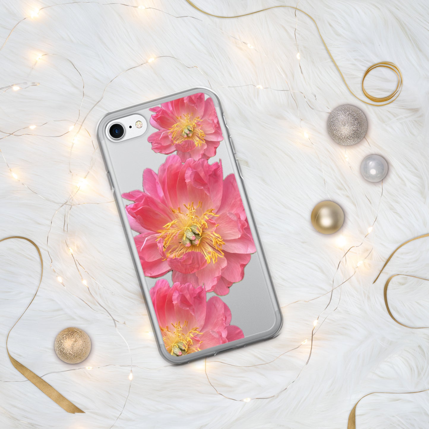 Clear Case for iPhone®, pink floral design of peonies on a clear background, accomodates many models of phone