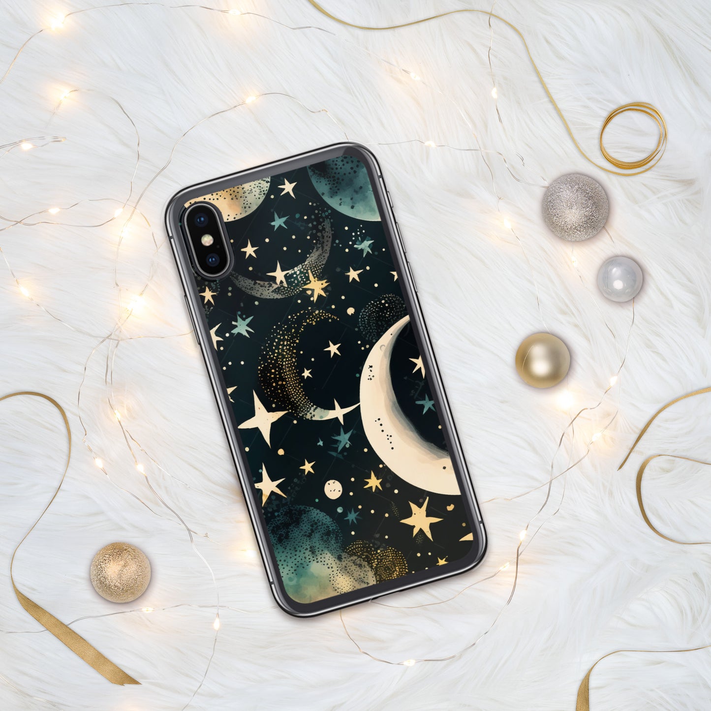 Clear Case for iPhone® night sky, stars, moon, blues, soft feel, multiple sizes