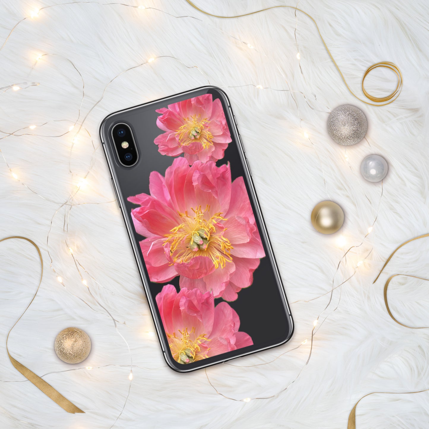 Clear Case for iPhone®, pink floral design of peonies on a clear background, accomodates many models of phone