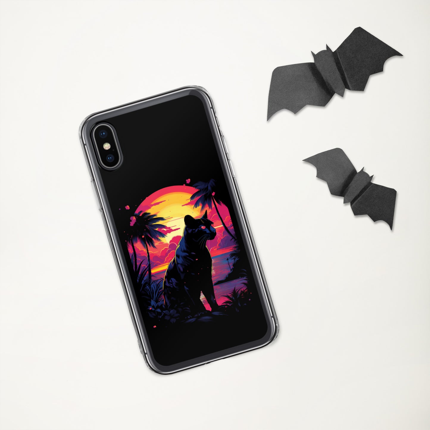 Panther Case for iPhone®, flexible, solid, black, fits various models, palm tree, sunset