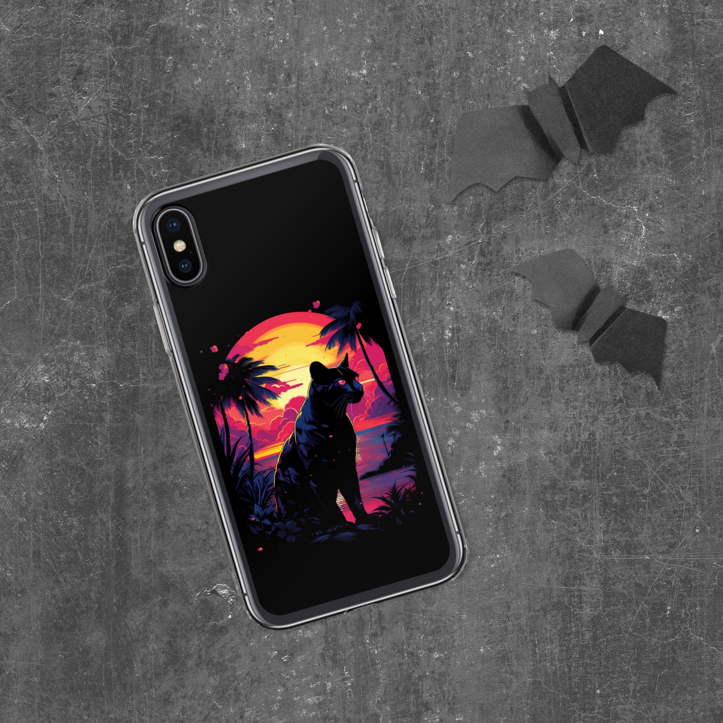 Panther Case for iPhone®, flexible, solid, black, fits various models, palm tree, sunset