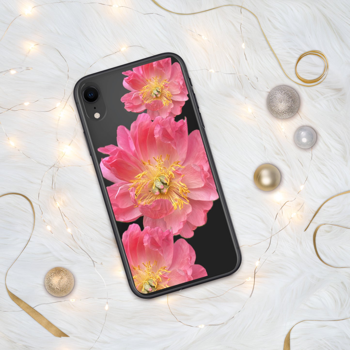 Clear Case for iPhone®, pink floral design of peonies on a clear background, accomodates many models of phone