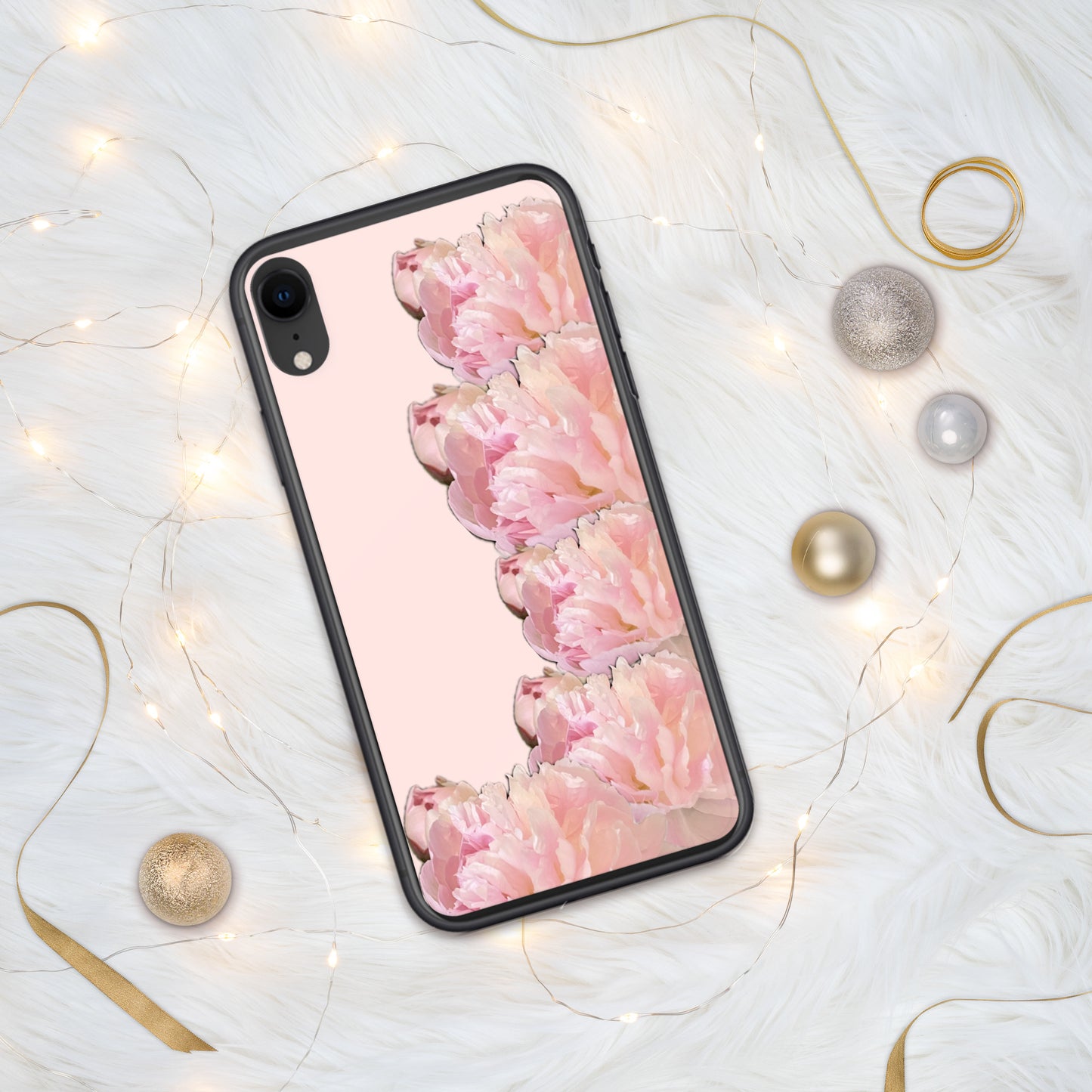 Pink Case for iPhone®, pink floral design of peonies on a pink background, accommodates many models of iPhone