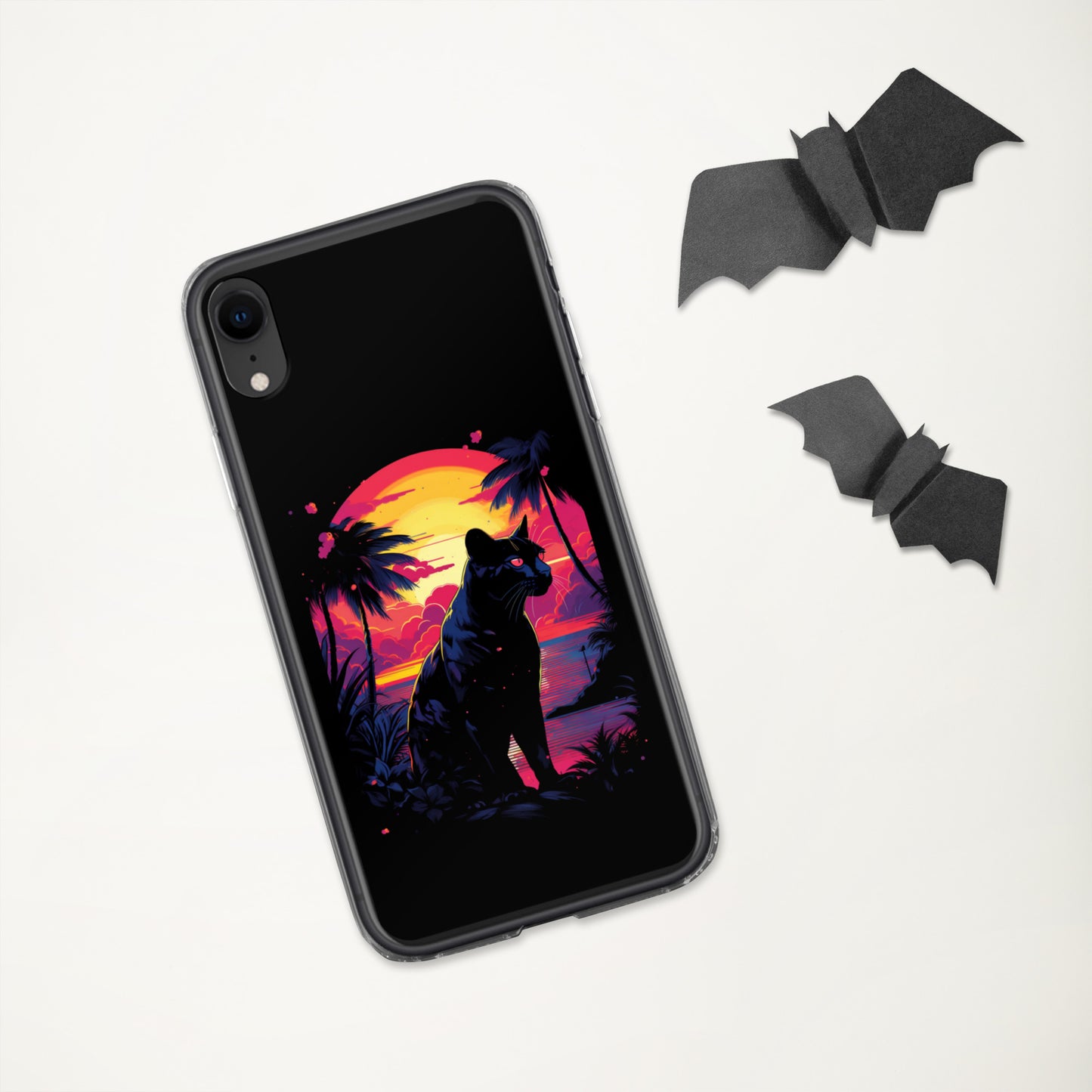 Panther Case for iPhone®, flexible, solid, black, fits various models, palm tree, sunset