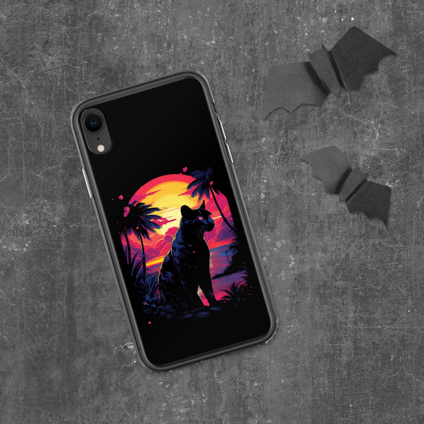 Panther Case for iPhone®, flexible, solid, black, fits various models, palm tree, sunset