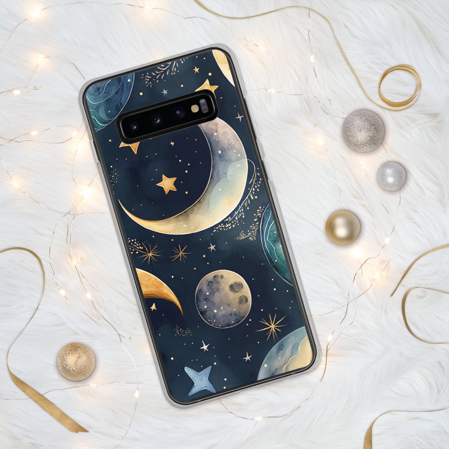 Clear Case for Samsung®, night sky design, moon and stars, soft blues, dreamy feel