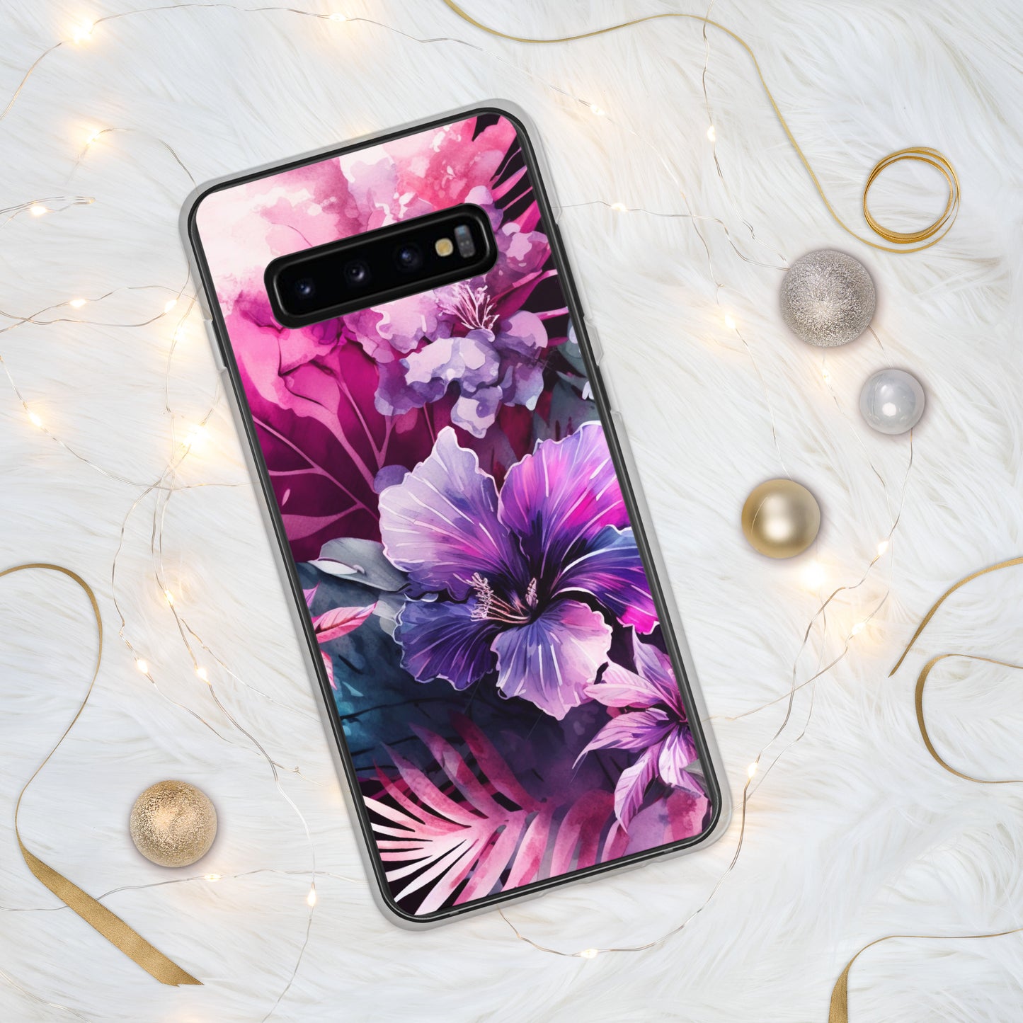 Clear Case for Samsung® pink and purple floral design, elegant and bright, multiple sizes