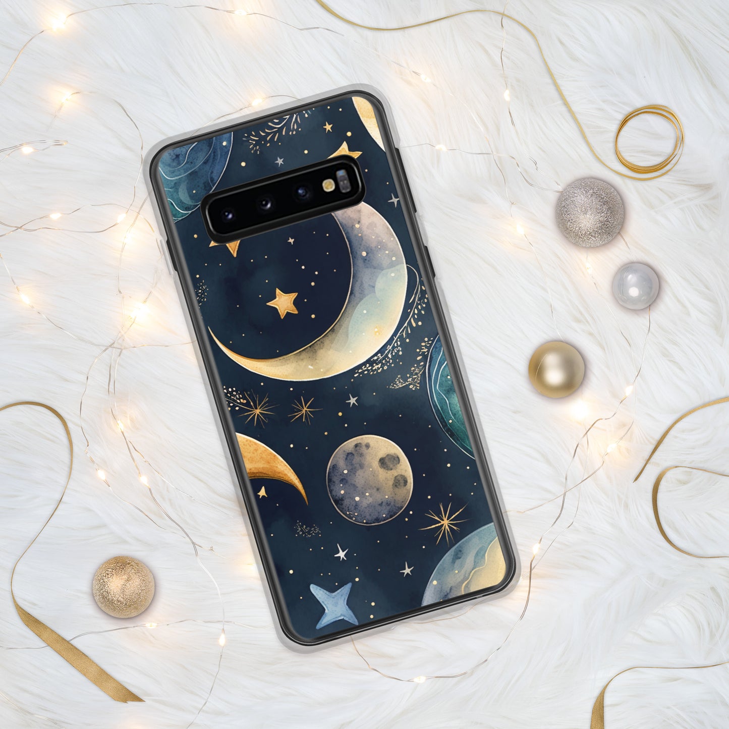 Clear Case for Samsung®, night sky design, moon and stars, soft blues, dreamy feel