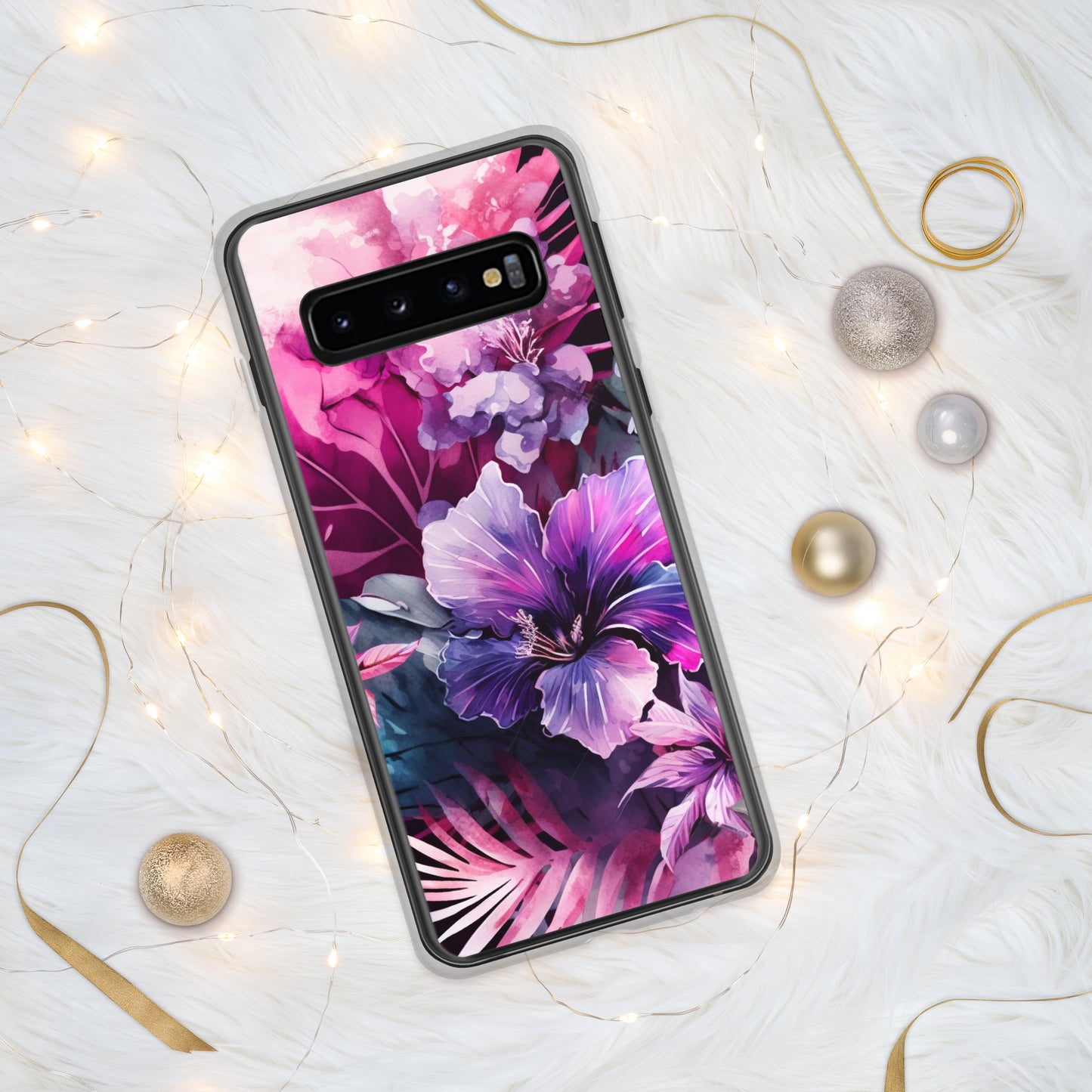 Clear Case for Samsung® pink and purple floral design, elegant and bright, multiple sizes