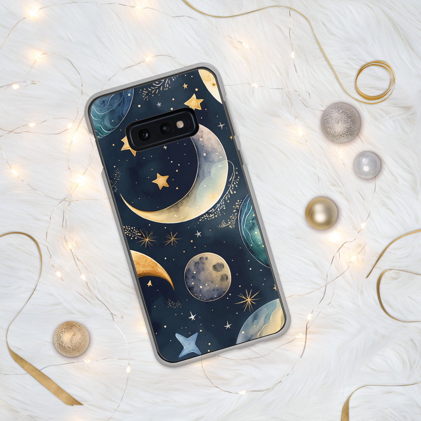 Clear Case for Samsung®, night sky design, moon and stars, soft blues, dreamy feel