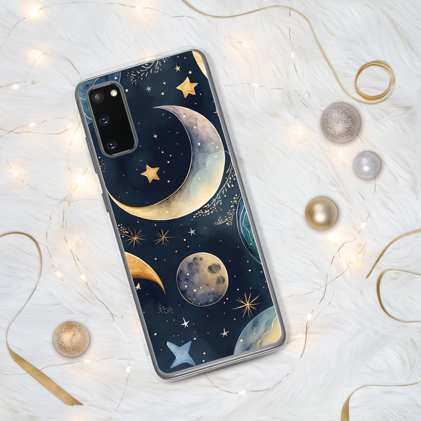 Clear Case for Samsung®, night sky design, moon and stars, soft blues, dreamy feel