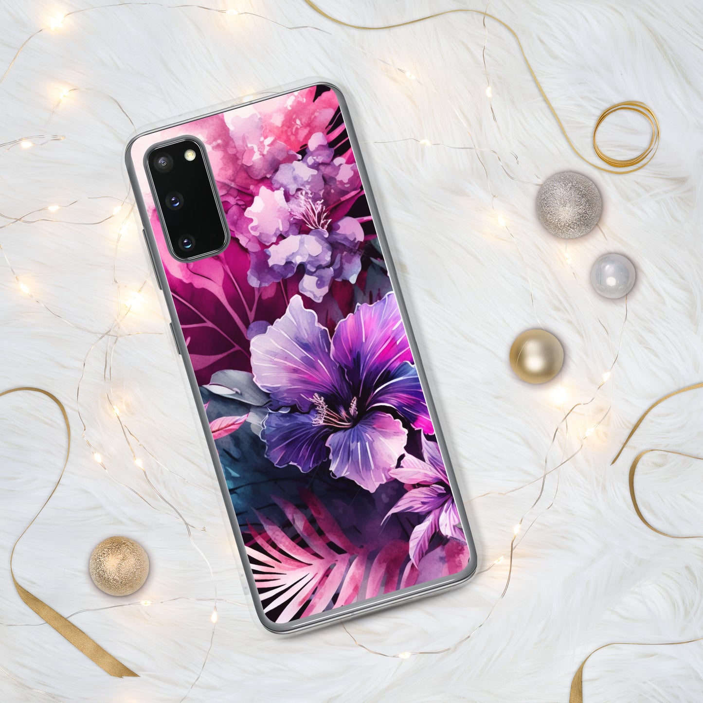 Clear Case for Samsung® pink and purple floral design, elegant and bright, multiple sizes