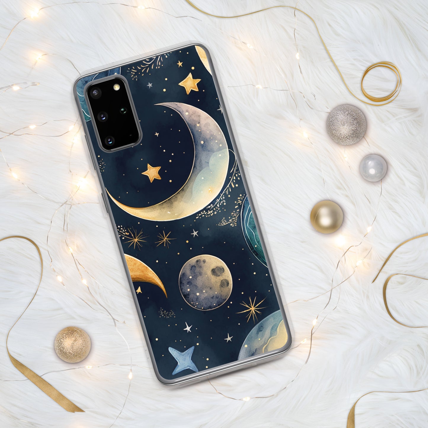 Clear Case for Samsung®, night sky design, moon and stars, soft blues, dreamy feel