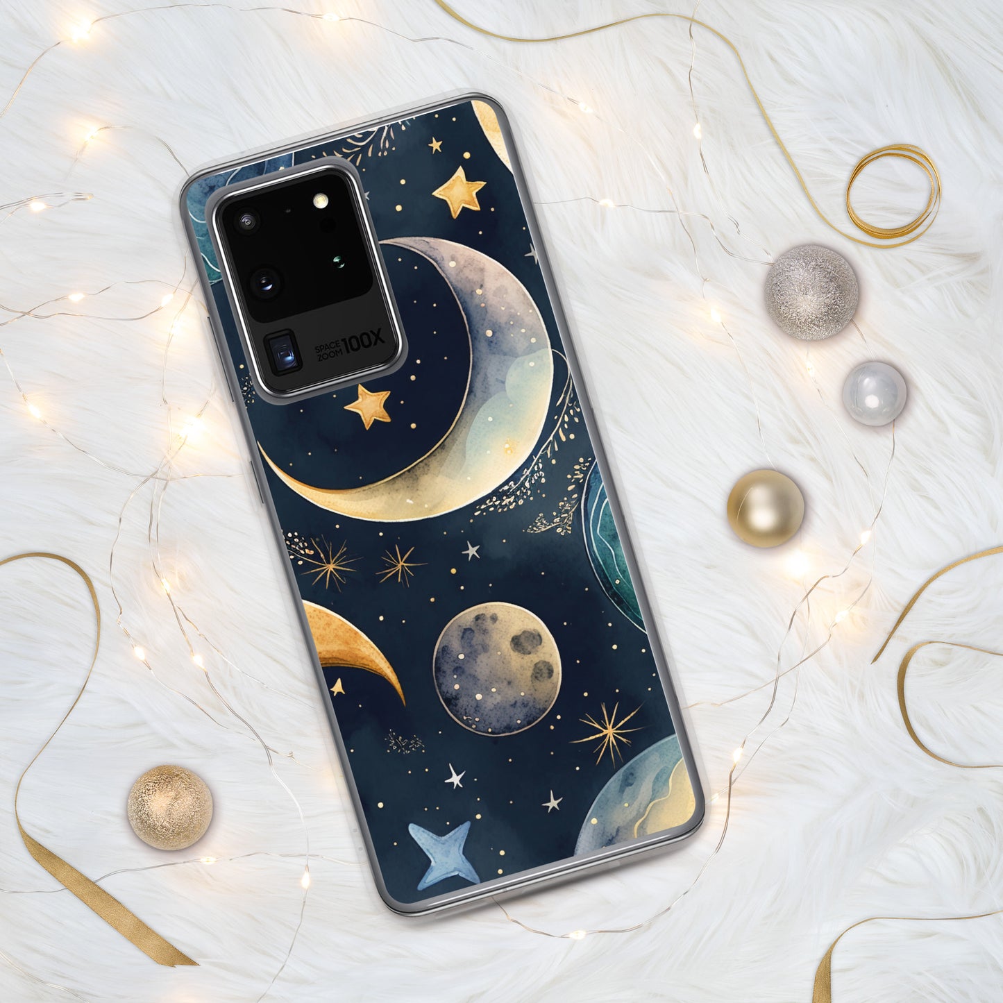 Clear Case for Samsung®, night sky design, moon and stars, soft blues, dreamy feel