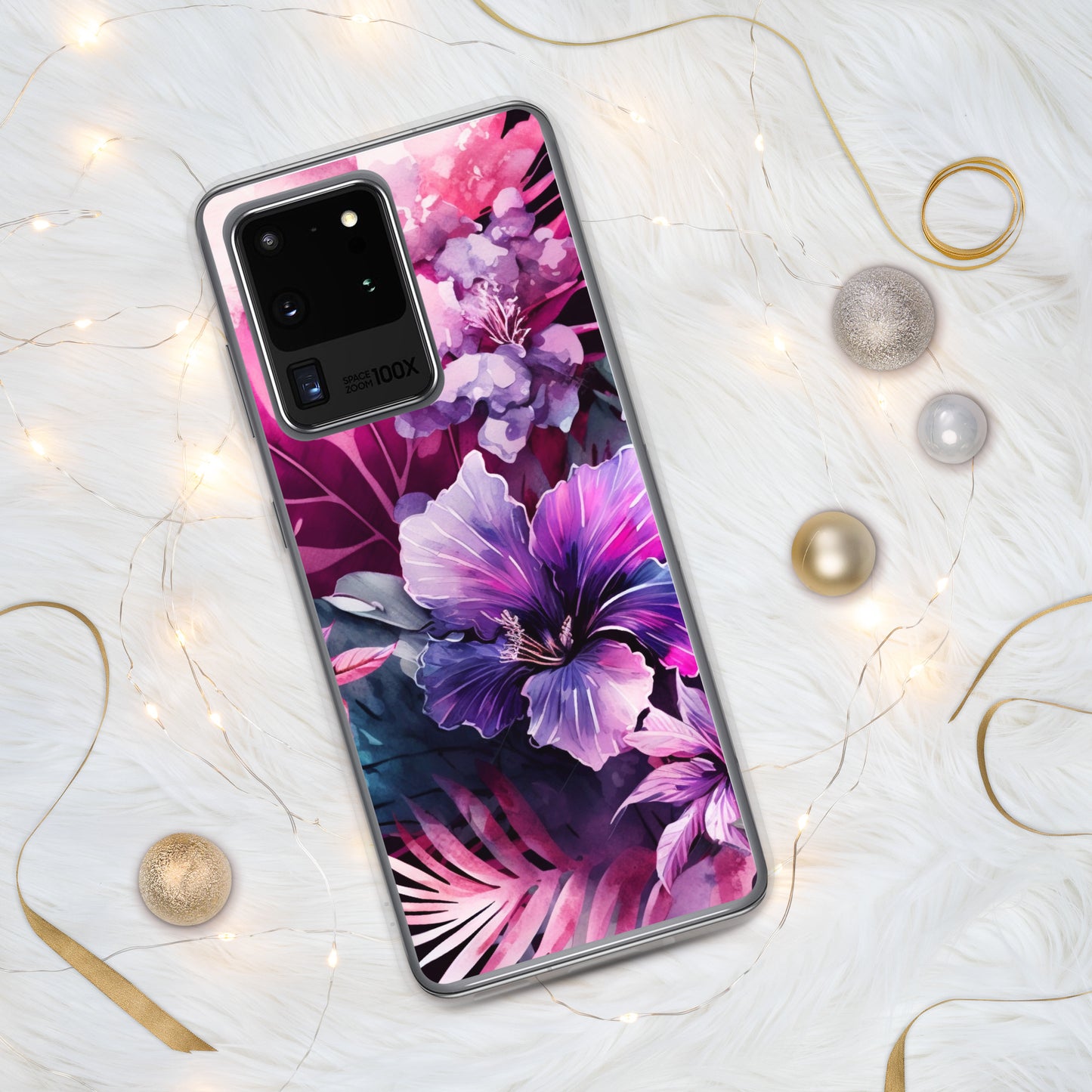 Clear Case for Samsung® pink and purple floral design, elegant and bright, multiple sizes