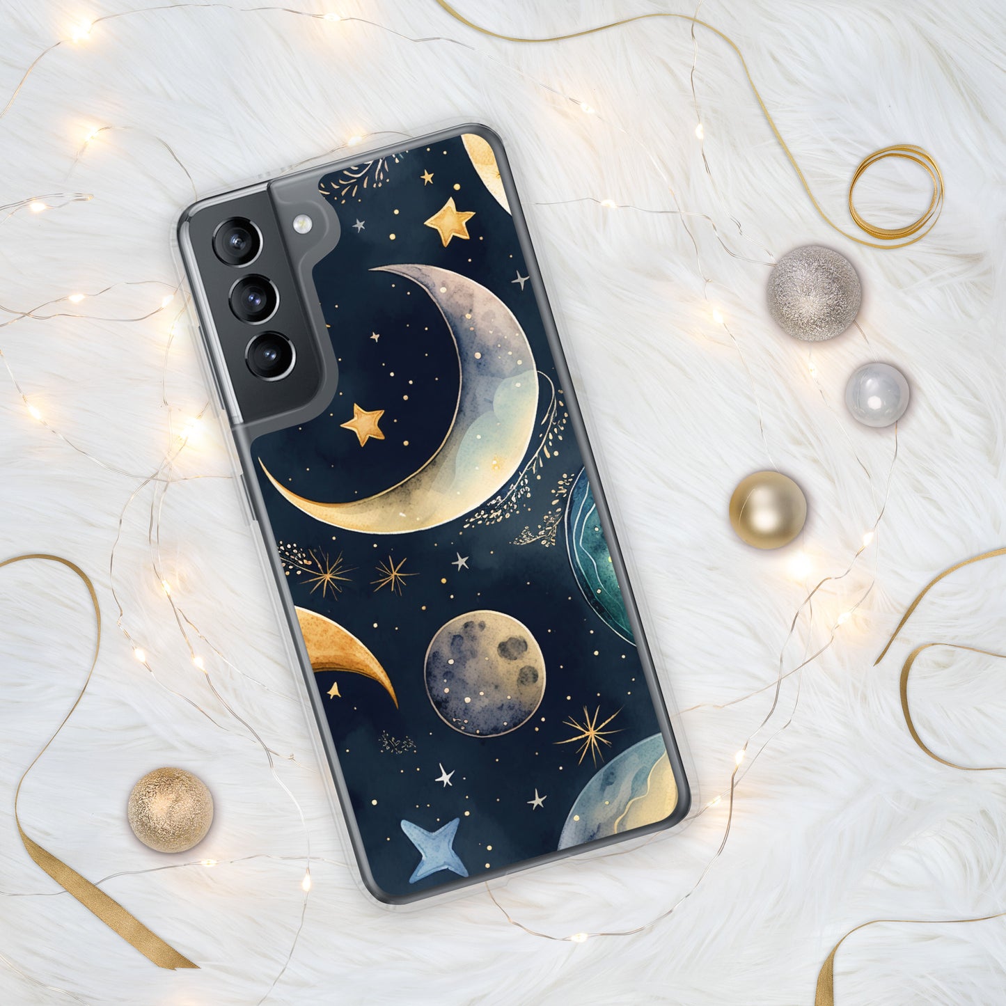 Clear Case for Samsung®, night sky design, moon and stars, soft blues, dreamy feel