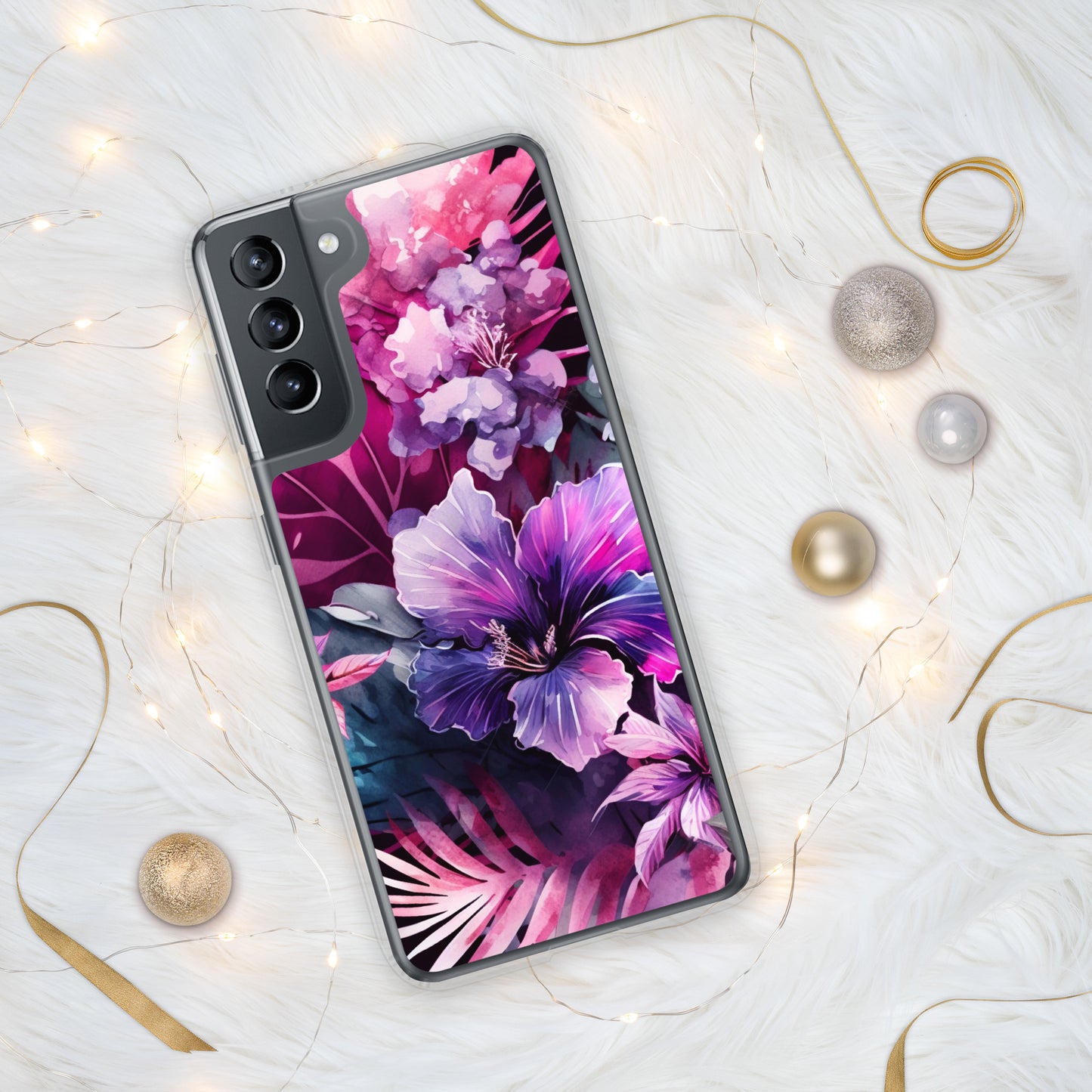 Clear Case for Samsung® pink and purple floral design, elegant and bright, multiple sizes