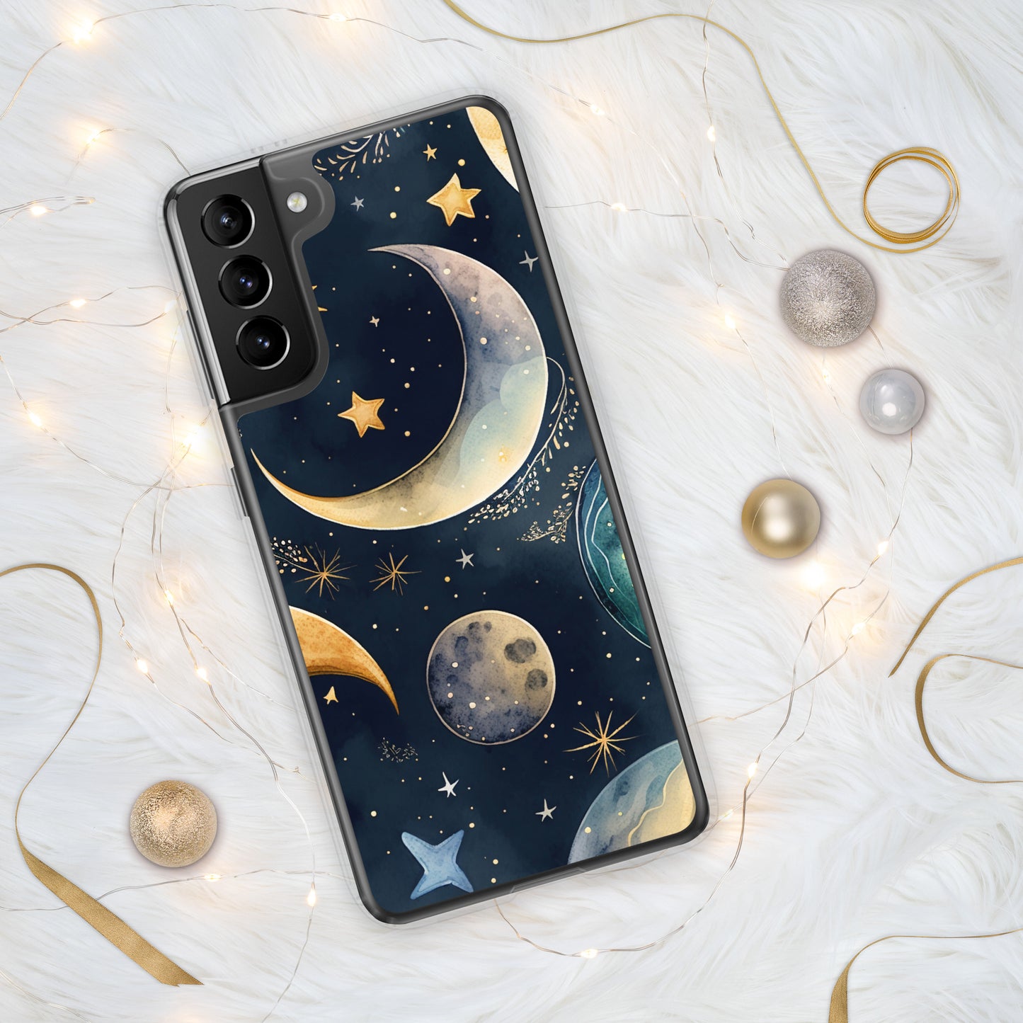 Clear Case for Samsung®, night sky design, moon and stars, soft blues, dreamy feel