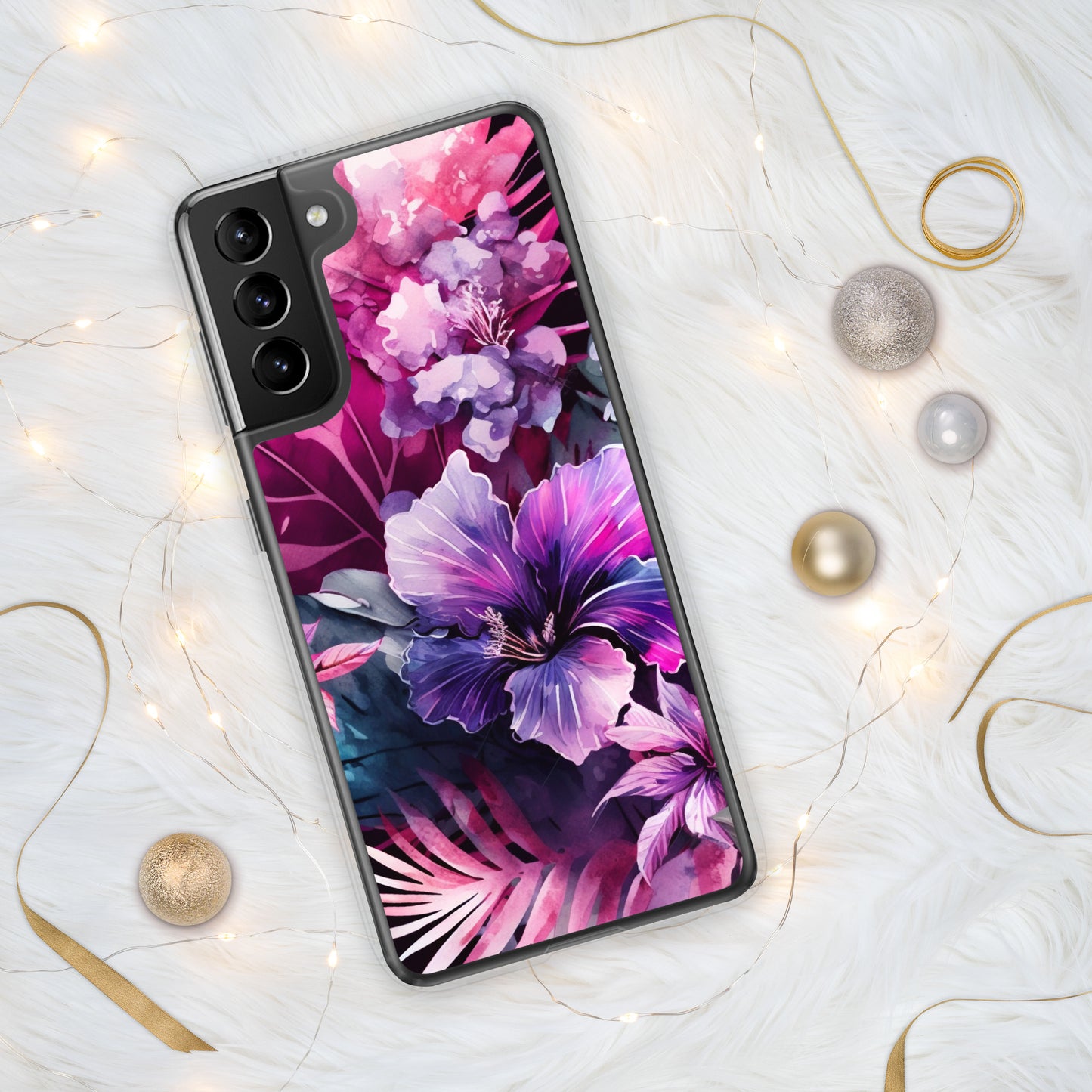 Clear Case for Samsung® pink and purple floral design, elegant and bright, multiple sizes