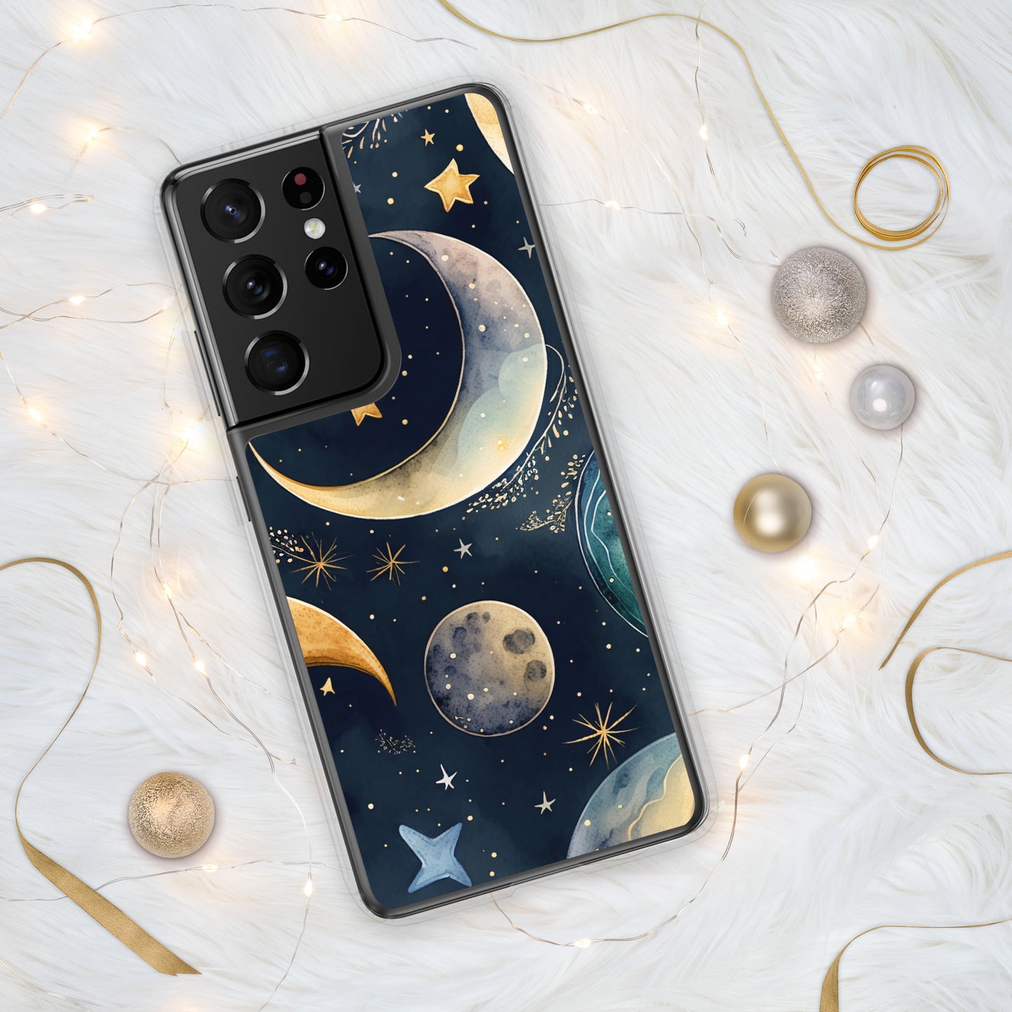 Clear Case for Samsung®, night sky design, moon and stars, soft blues, dreamy feel