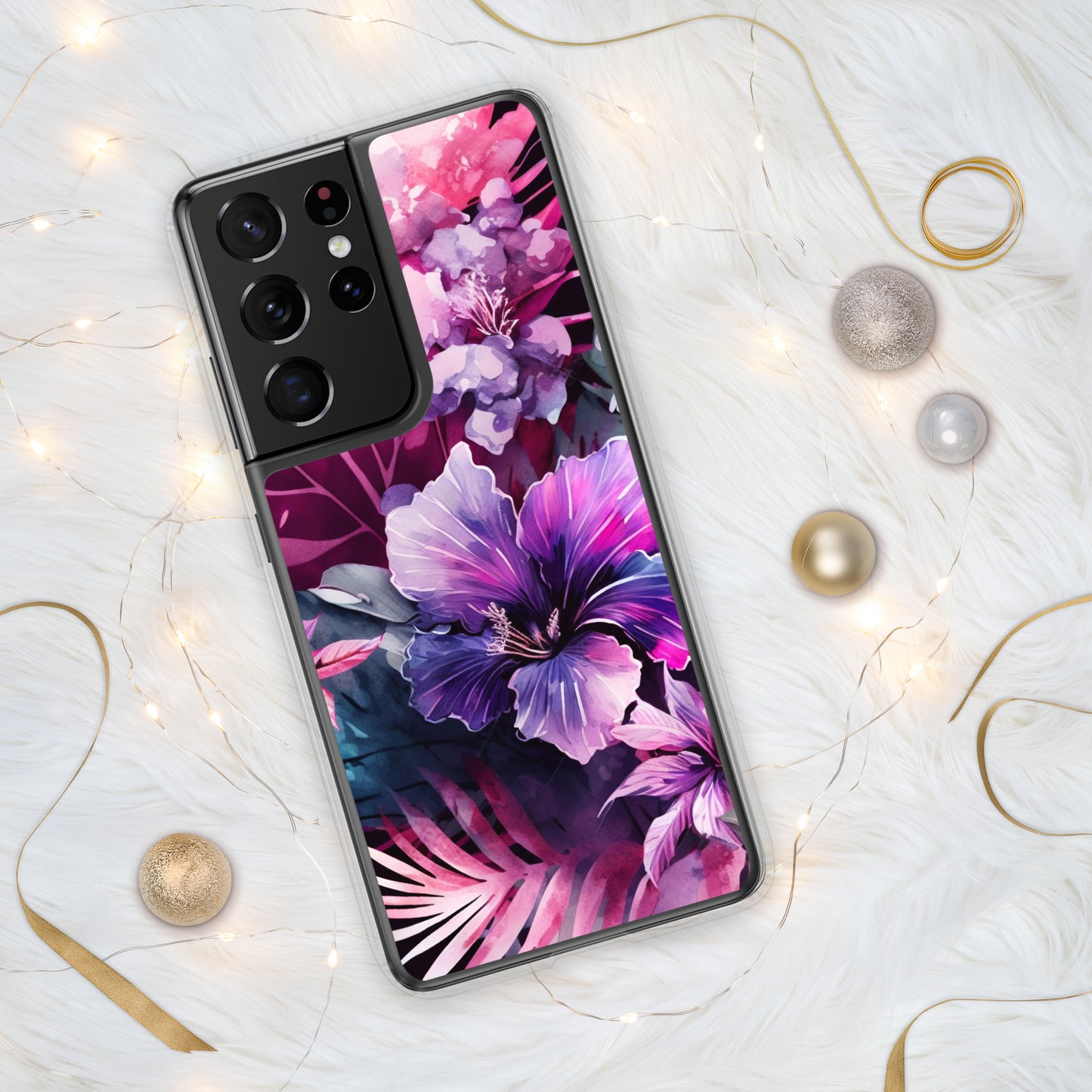 Clear Case for Samsung® pink and purple floral design, elegant and bright, multiple sizes