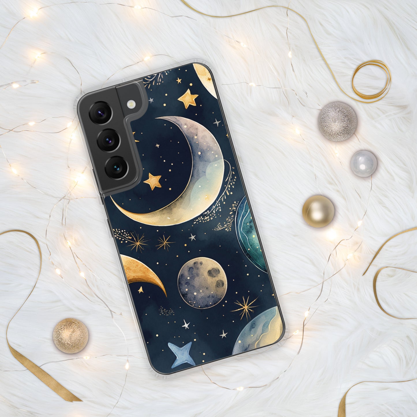 Clear Case for Samsung®, night sky design, moon and stars, soft blues, dreamy feel