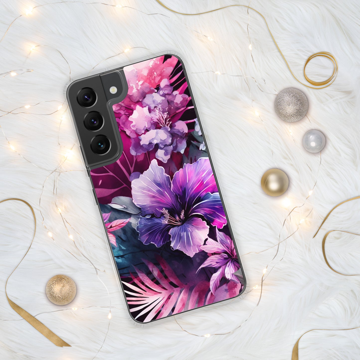 Clear Case for Samsung® pink and purple floral design, elegant and bright, multiple sizes