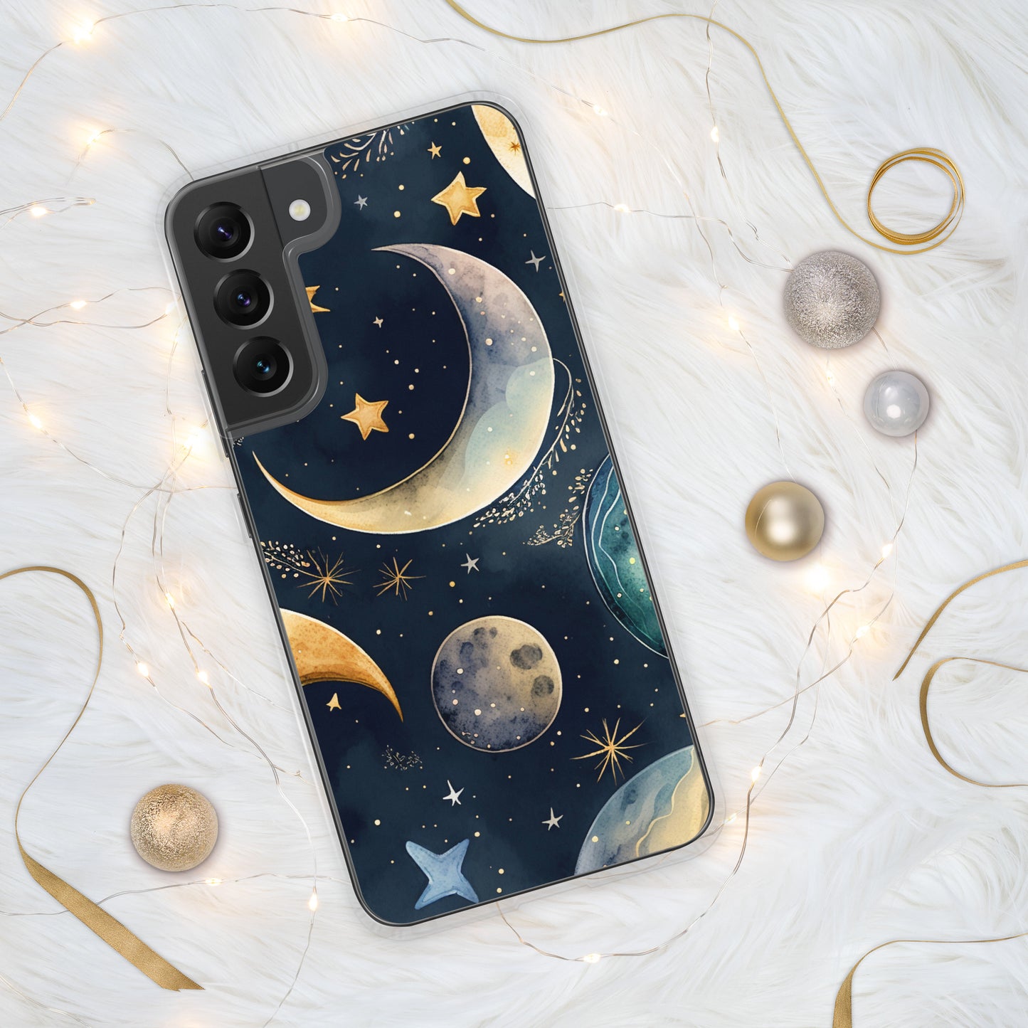 Clear Case for Samsung®, night sky design, moon and stars, soft blues, dreamy feel