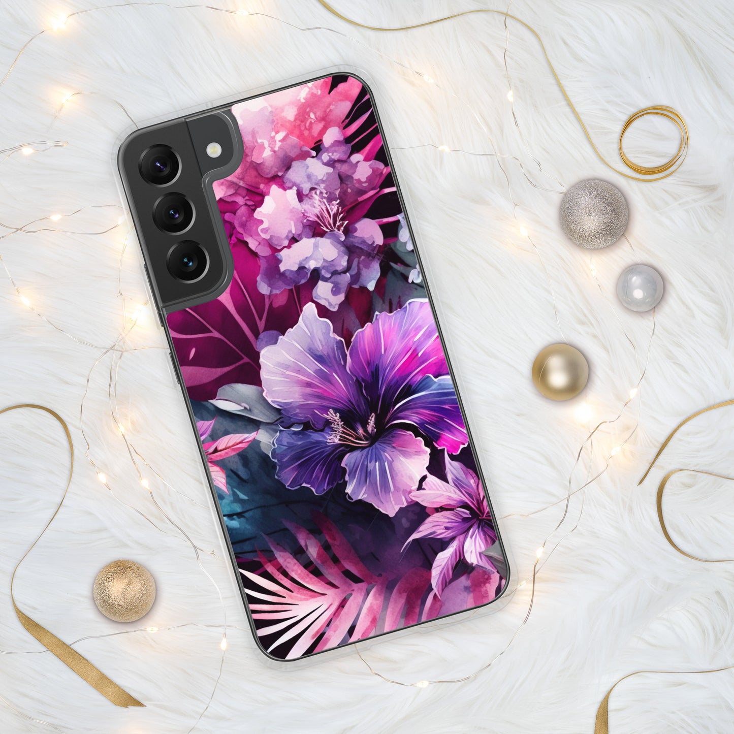 Clear Case for Samsung® pink and purple floral design, elegant and bright, multiple sizes