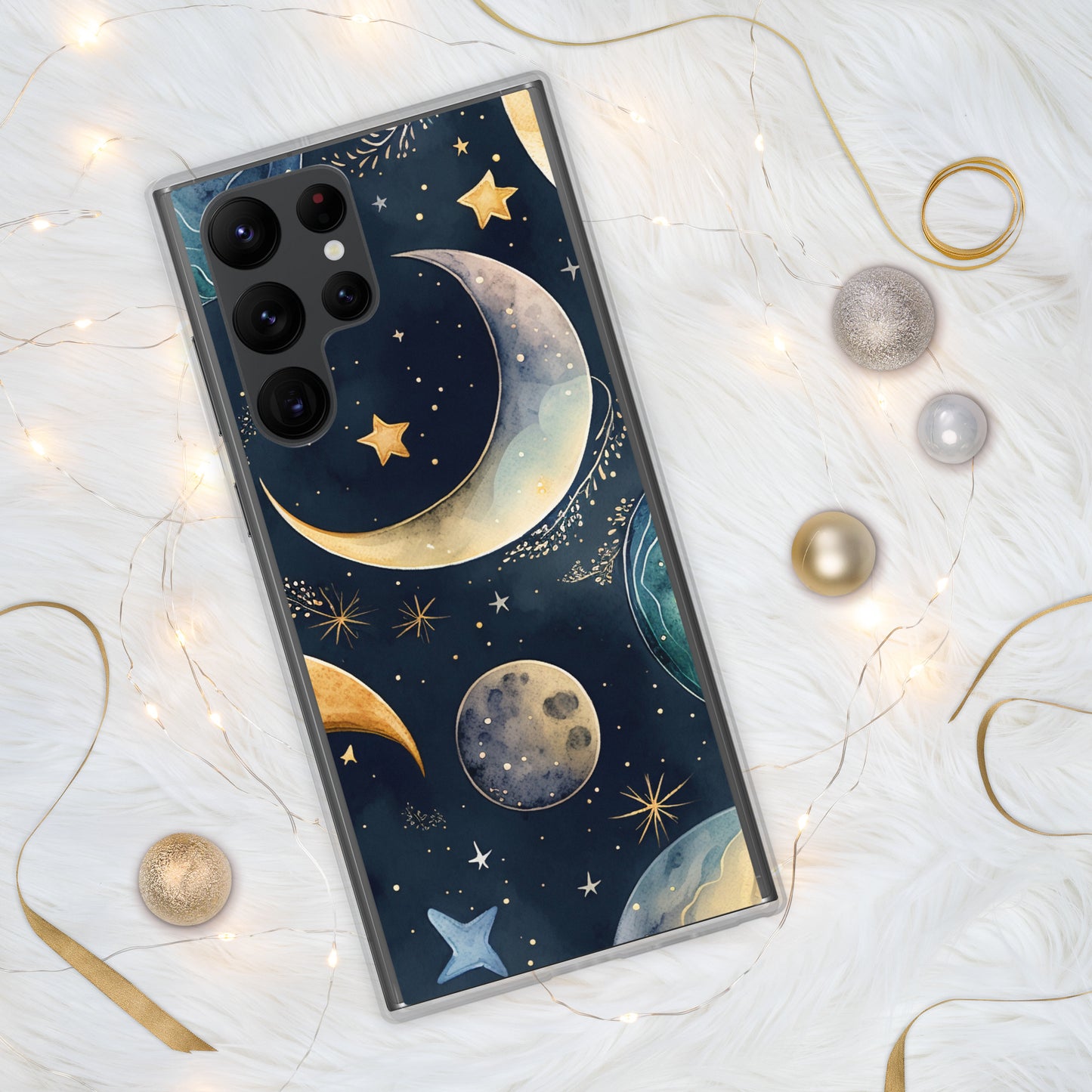 Clear Case for Samsung®, night sky design, moon and stars, soft blues, dreamy feel