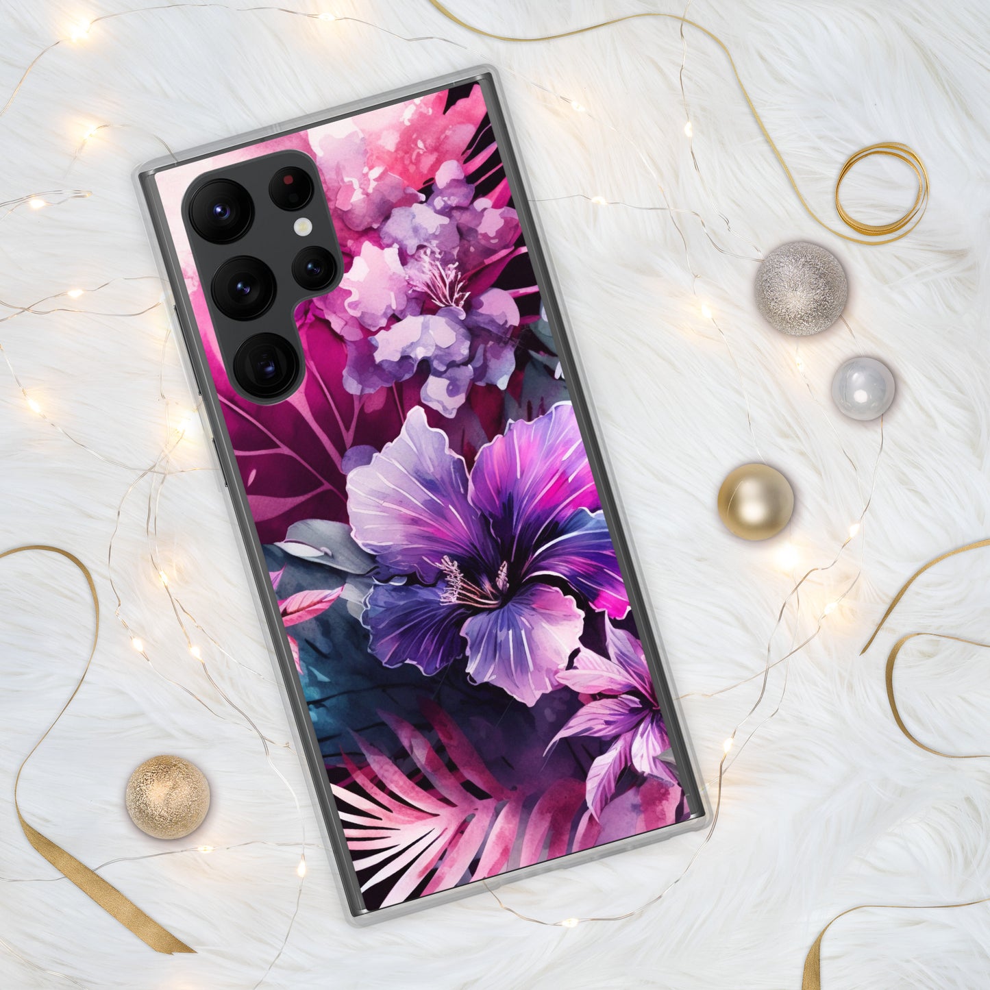 Clear Case for Samsung® pink and purple floral design, elegant and bright, multiple sizes