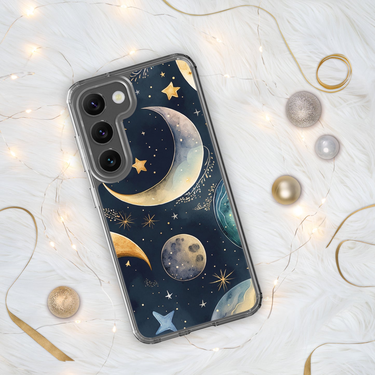 Clear Case for Samsung®, night sky design, moon and stars, soft blues, dreamy feel