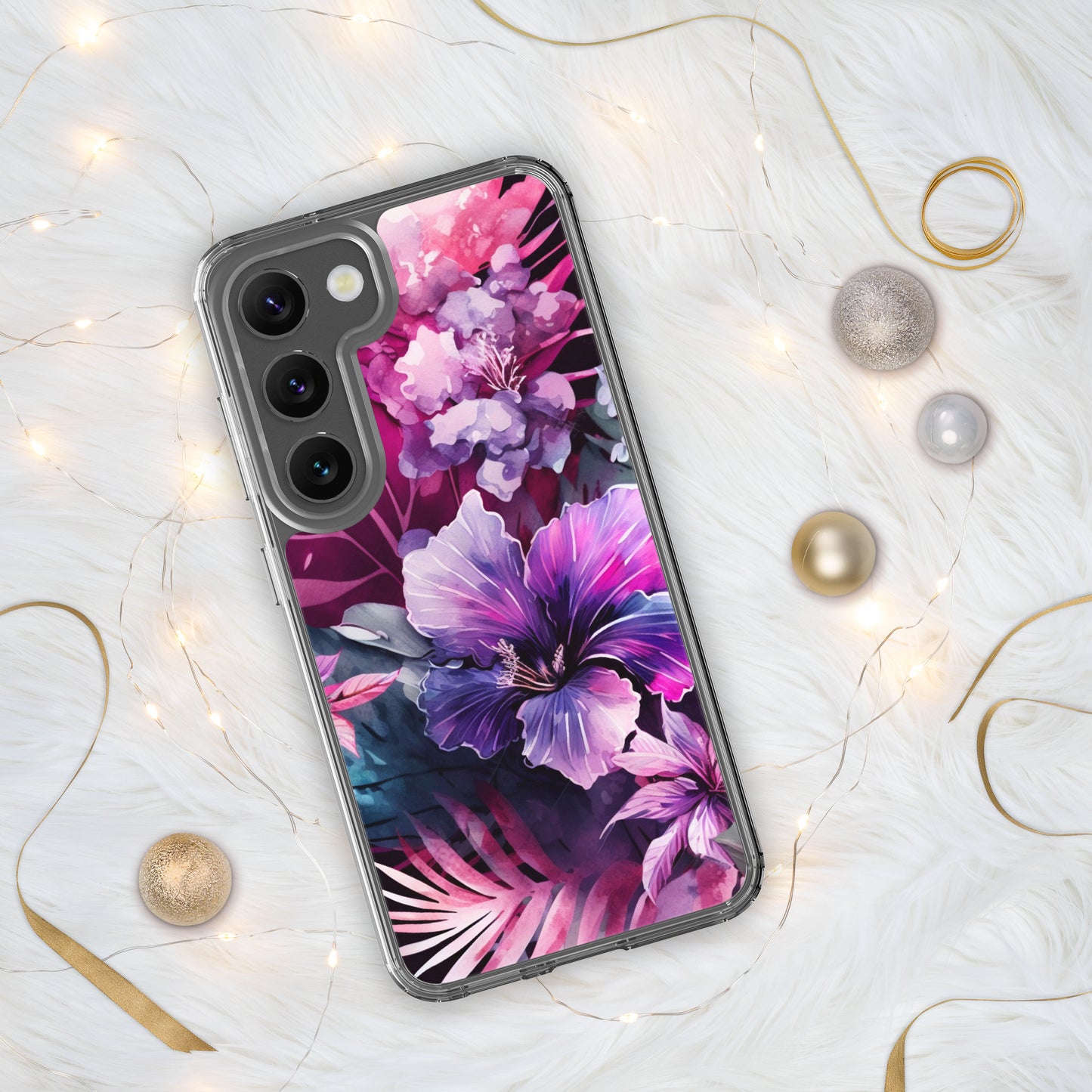 Clear Case for Samsung® pink and purple floral design, elegant and bright, multiple sizes