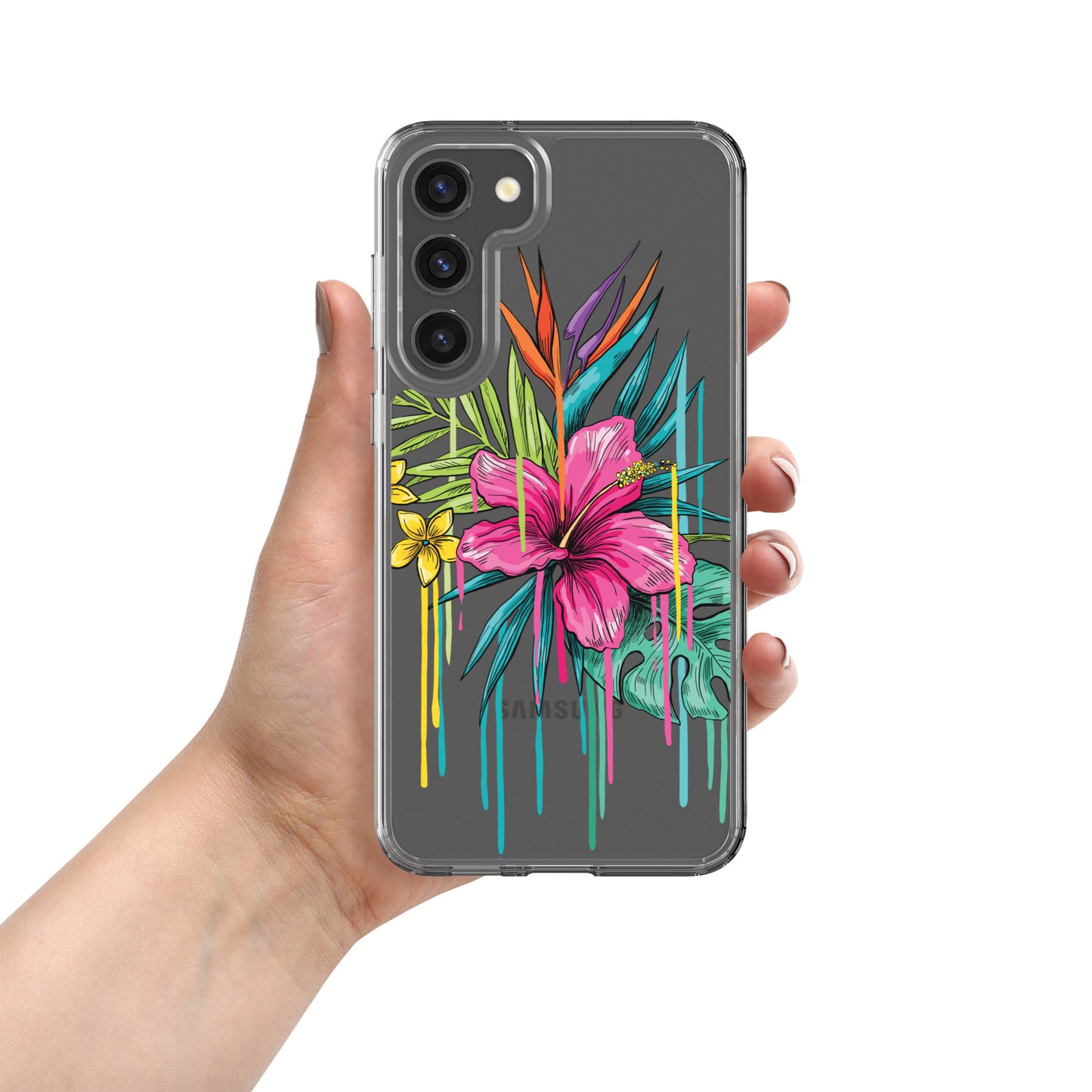 Clear Case for Samsung® tropical paint drip design, variety of sizes