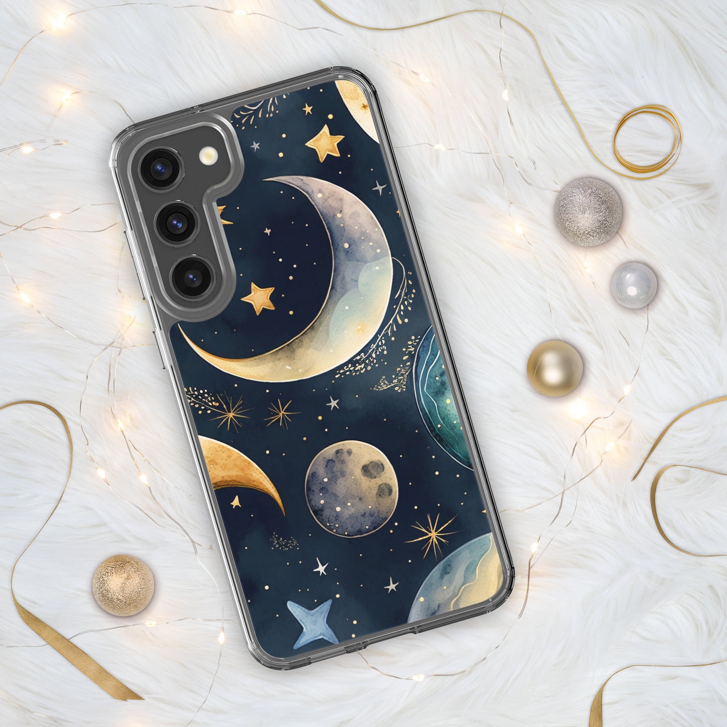 Clear Case for Samsung®, night sky design, moon and stars, soft blues, dreamy feel