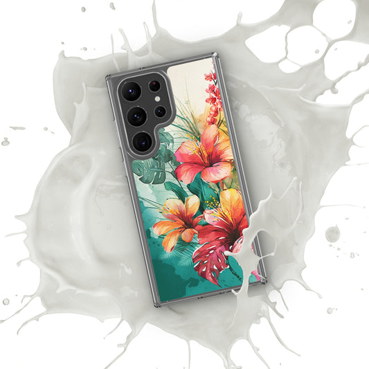 Clear Case for Samsung®, colorful floral design, hibiscus flowers in oranges and apricots, multiple sizes