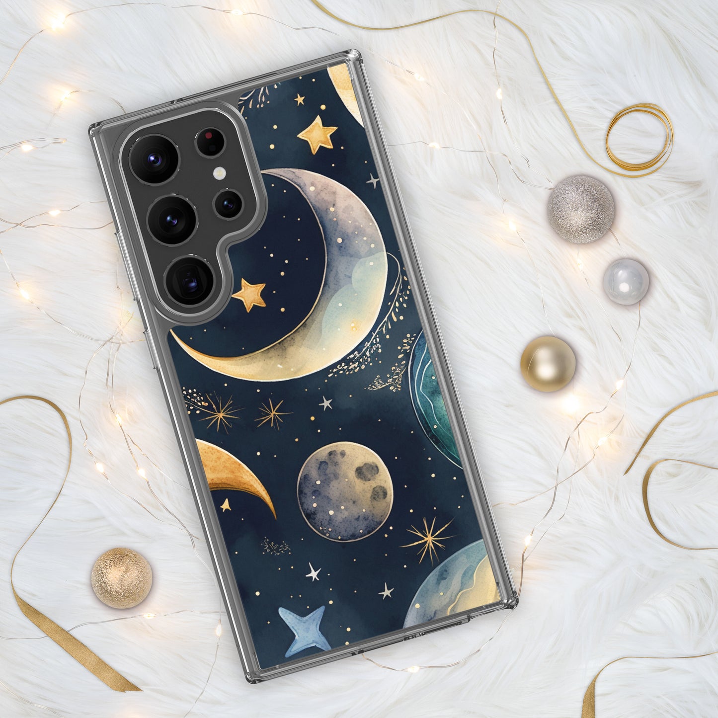 Clear Case for Samsung®, night sky design, moon and stars, soft blues, dreamy feel