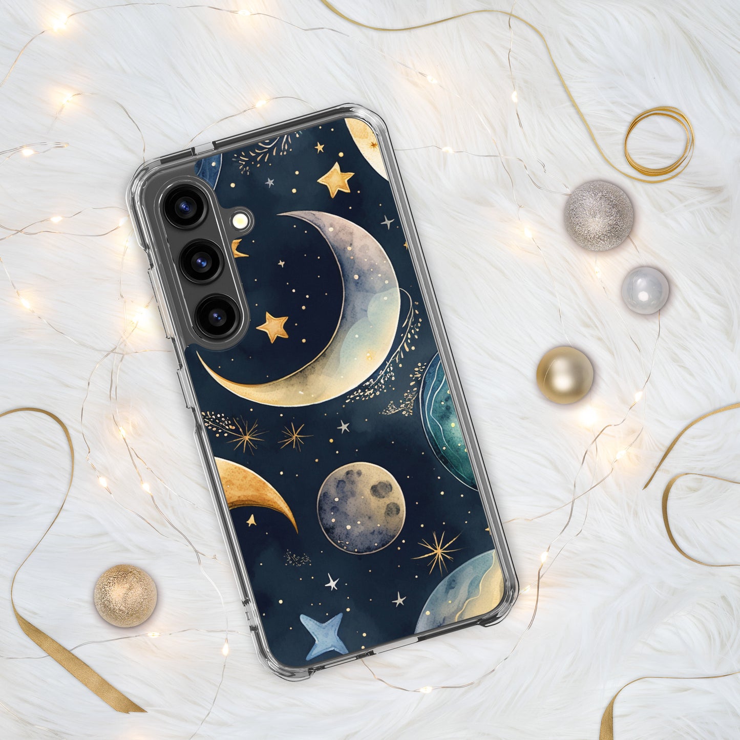 Clear Case for Samsung®, night sky design, moon and stars, soft blues, dreamy feel