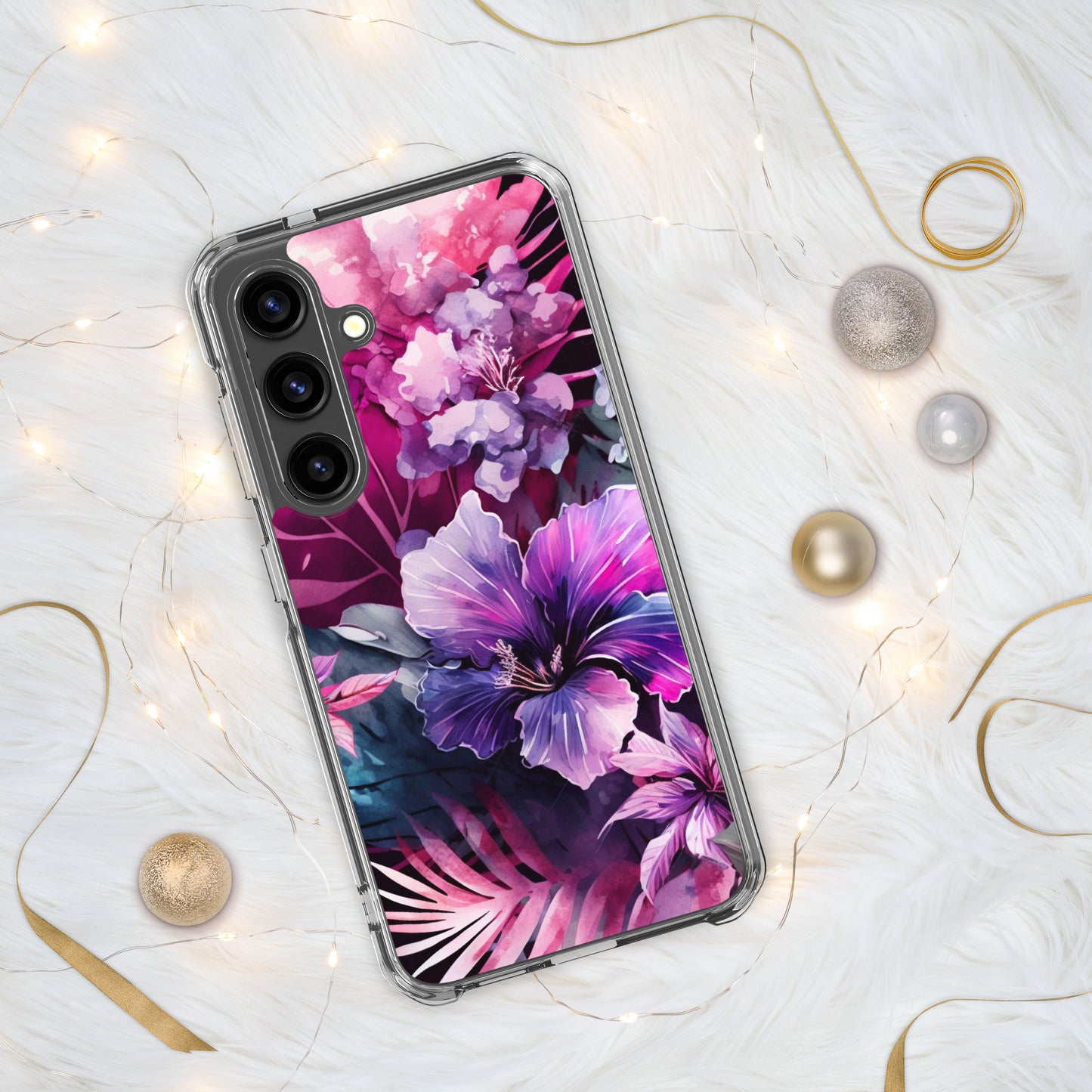 Clear Case for Samsung® pink and purple floral design, elegant and bright, multiple sizes