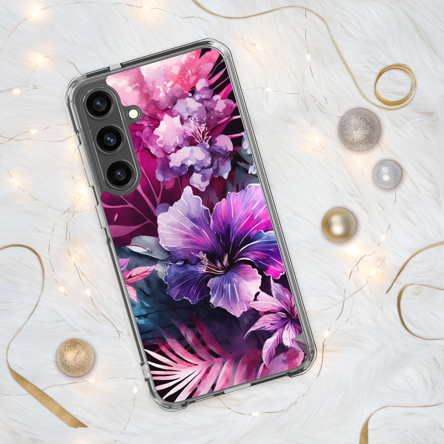 Clear Case for Samsung® pink and purple floral design, elegant and bright, multiple sizes