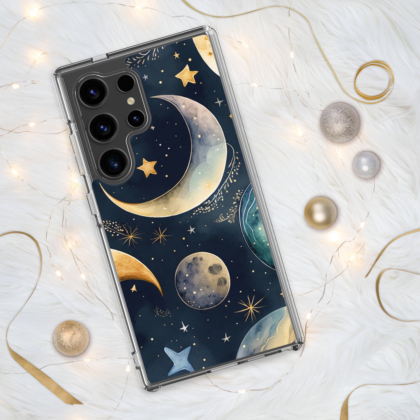 Clear Case for Samsung®, night sky design, moon and stars, soft blues, dreamy feel