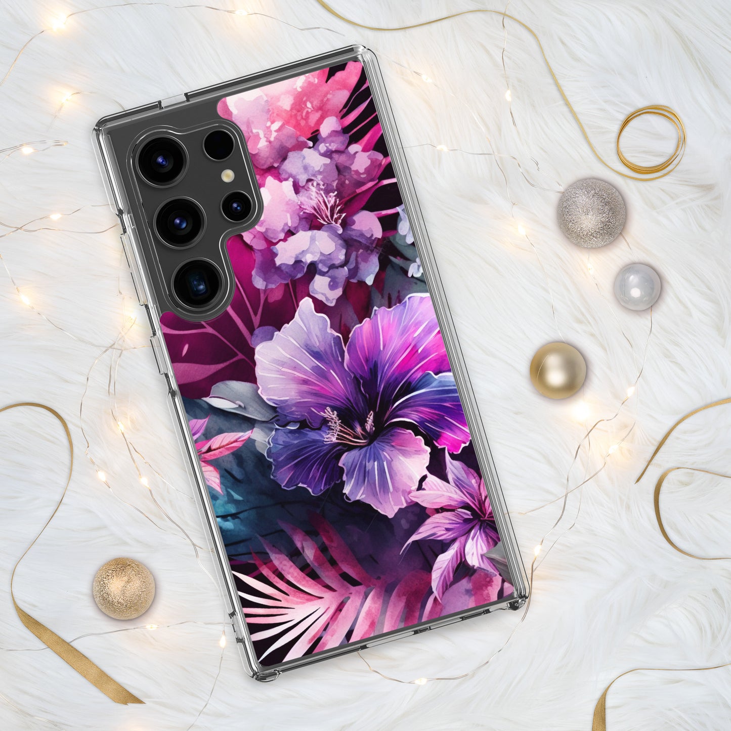 Clear Case for Samsung® pink and purple floral design, elegant and bright, multiple sizes