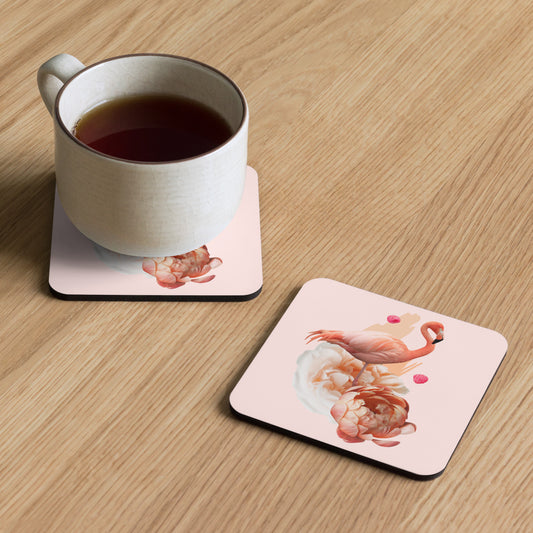 Cork-back coaster flamingo flower design on a light pink background, hardboard, high gloss