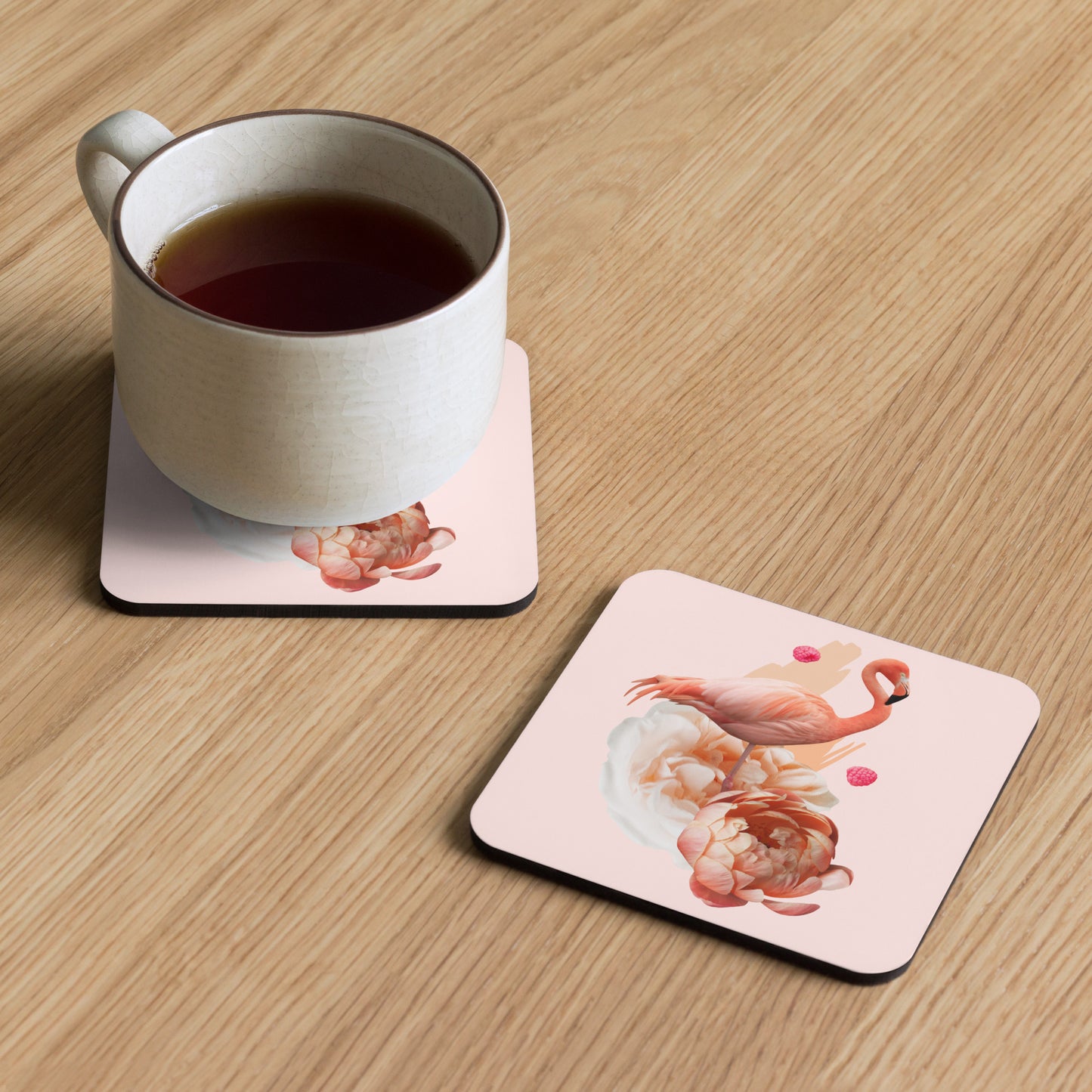 Cork-back coaster, flamingo flower design, hardboard cork