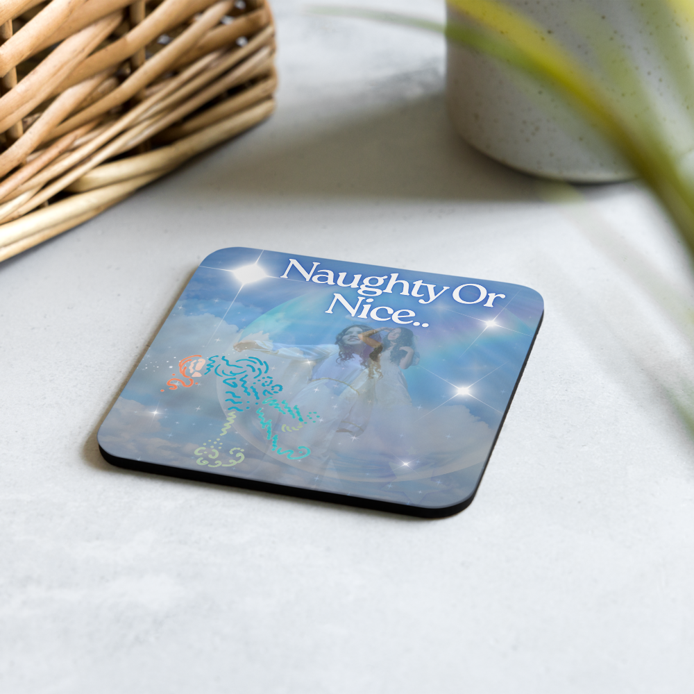 Naughty Or Nice, Light Encoded cork back coaster, with light language symbol
