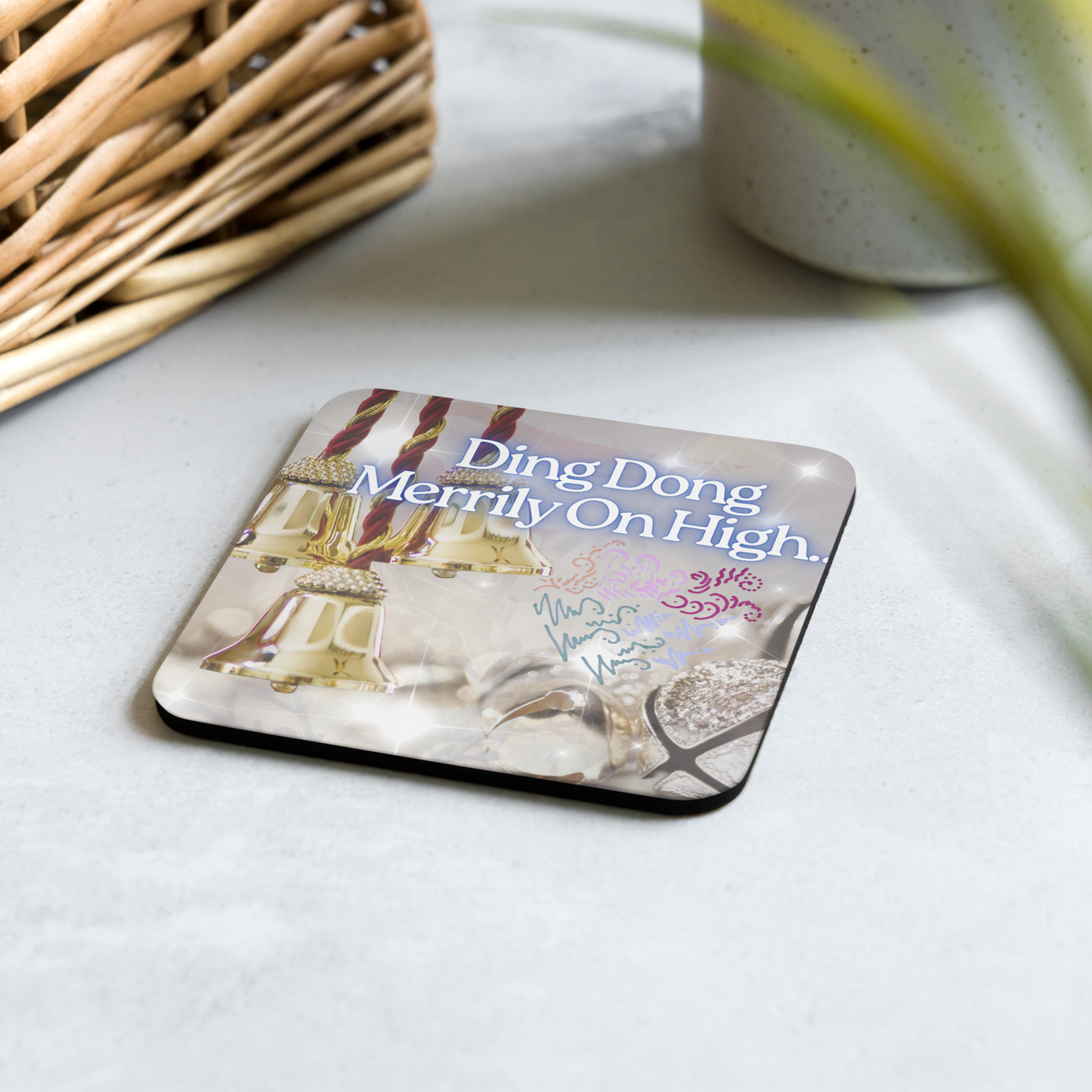 Ding Dong Merrily On High, Light Encoded cork back coaster, with light language symbol